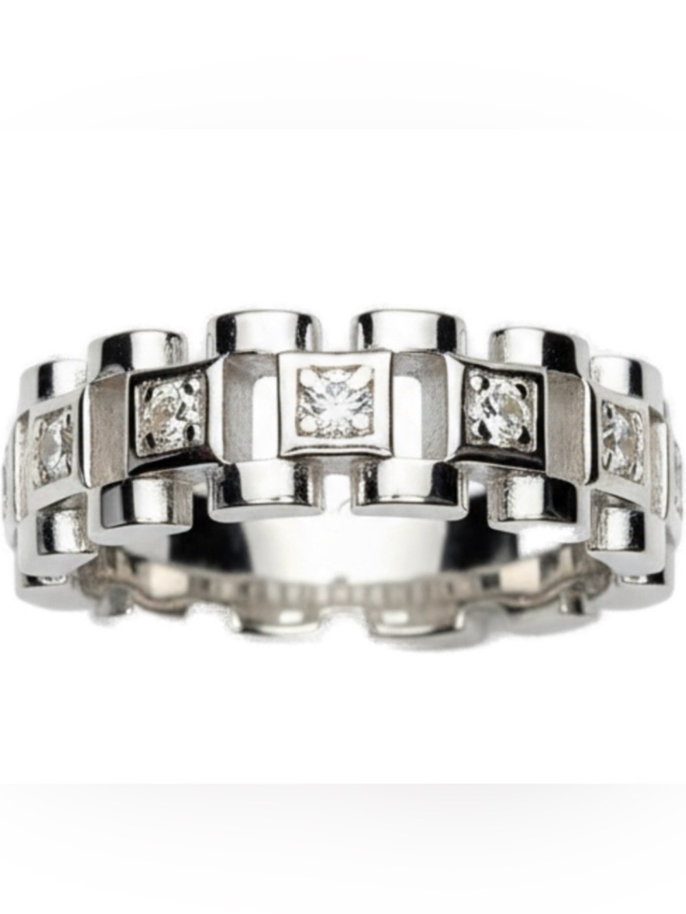 Moissanite And Sterling Silver Watchband Style Jubilee Link Band Ring Sz 7